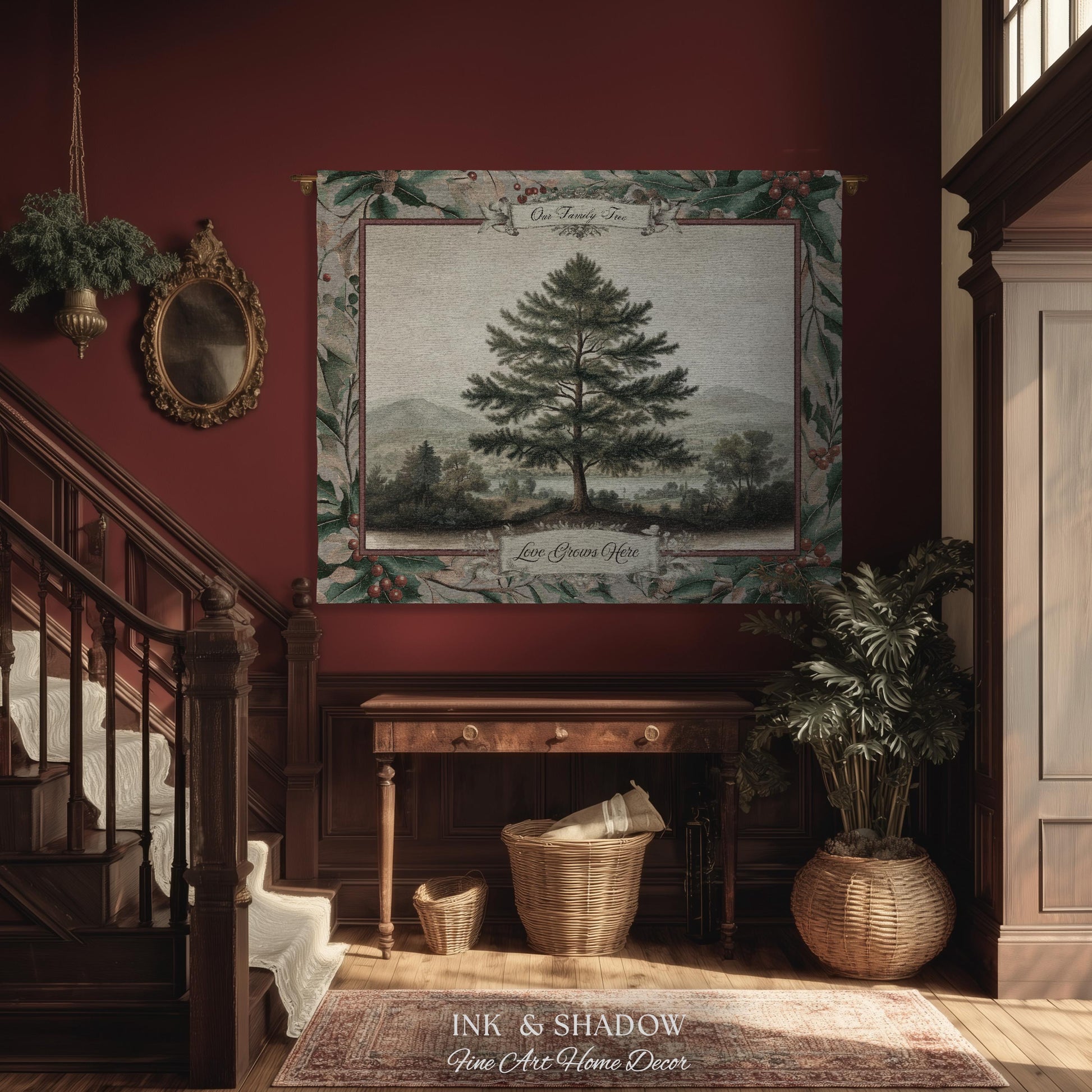 Nostalgic Family Heirloom Personalized Pine Tree Tapestry | Meaningful Keepsake Old World Jacquard Throw Blanket Custom Names Wall Hanging