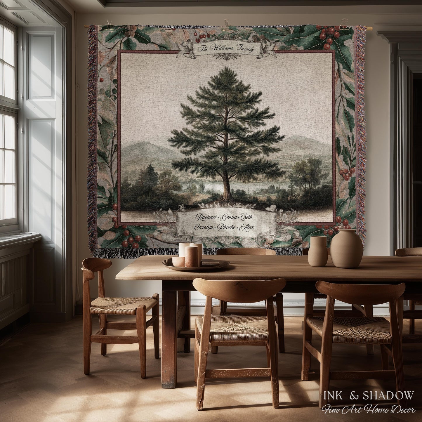 Nostalgic Family Heirloom Personalized Pine Tree Tapestry | Meaningful Keepsake Old World Jacquard Throw Blanket Custom Names Wall Hanging