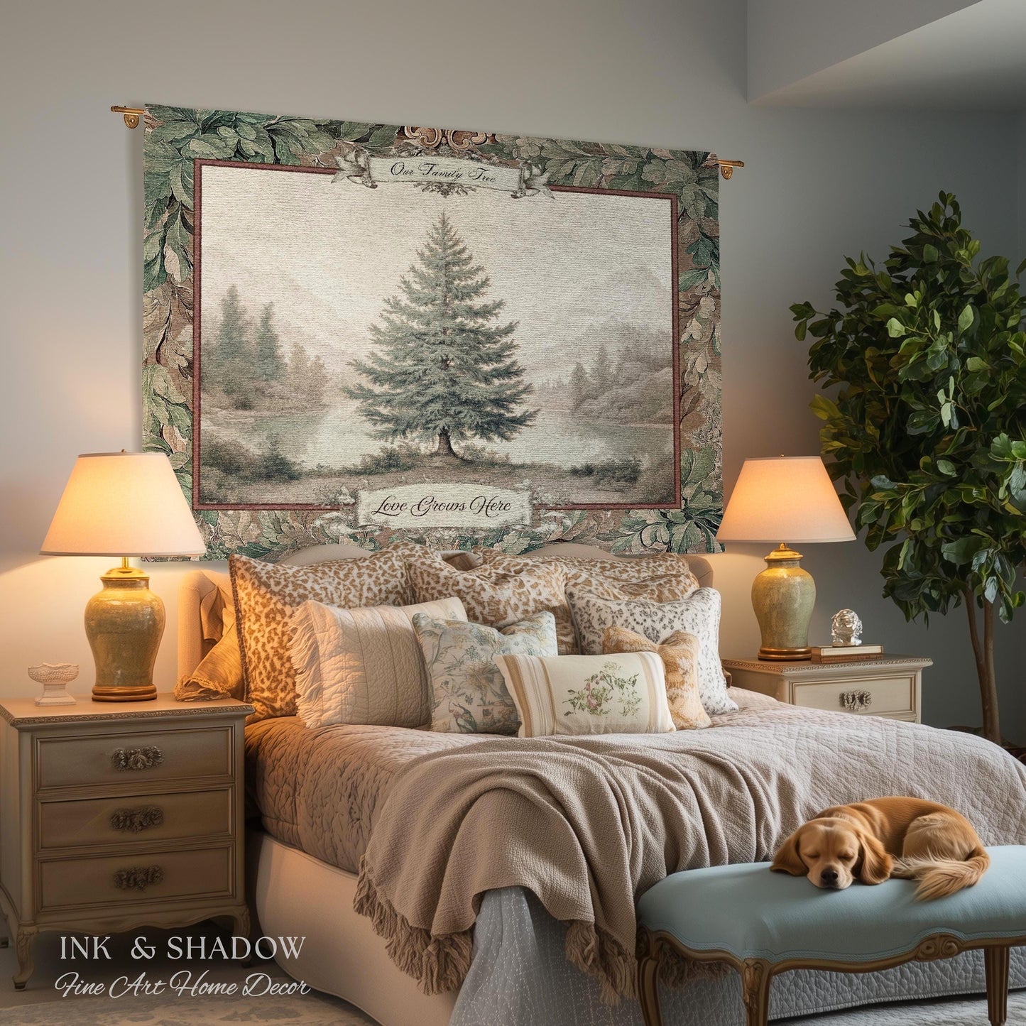 Evergreen Family Tree Rustic Wall Art Personalized Names Holiday Gift | Sentimental Custom Woven Tapestry Traditional Heirloom Home Decor