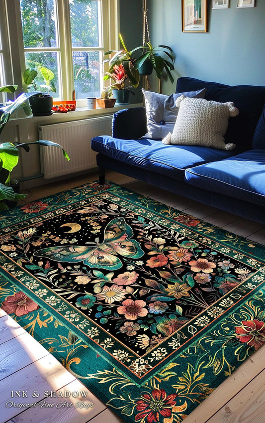 May include: A rectangular area rug with a black background featuring a large butterfly and floral design in shades of teal, pink, and gold. The rug has a teal border with floral accents. The text "INK & SHADOW Original Fine Art Rugs" is visible.
