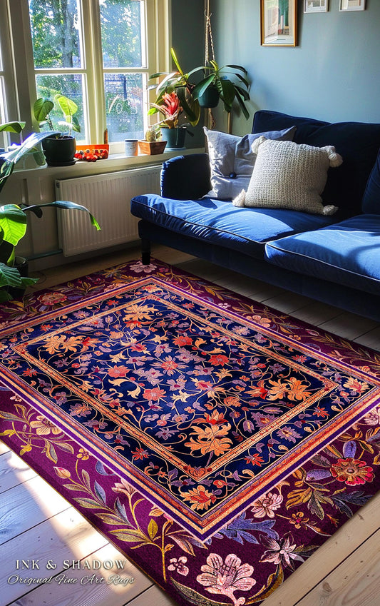 May include: A rectangular area rug with a dark blue central field, featuring a floral pattern in shades of orange and red. The rug has a deep purple border with floral designs and is placed on a wooden floor. The text "INK & SHADOW Original Fine Art Rugs" is visible.