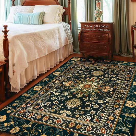 May include: A dark blue rectangular rug with a floral pattern in a bedroom setting. The rug features a central floral medallion and a border with repeating floral motifs in shades of cream, red, and green. The text "INK & SHADOW Original Fine Art Rugs" is visible.