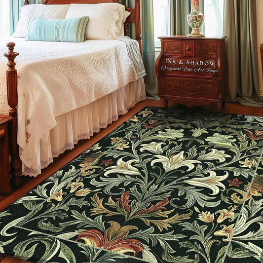 Emerald Green Floral Dark Botanical Runner Art Deco Rug Whimsical Cottagecore Home Decor | Elegant Nature Inspired Woodland Wildflower Rug