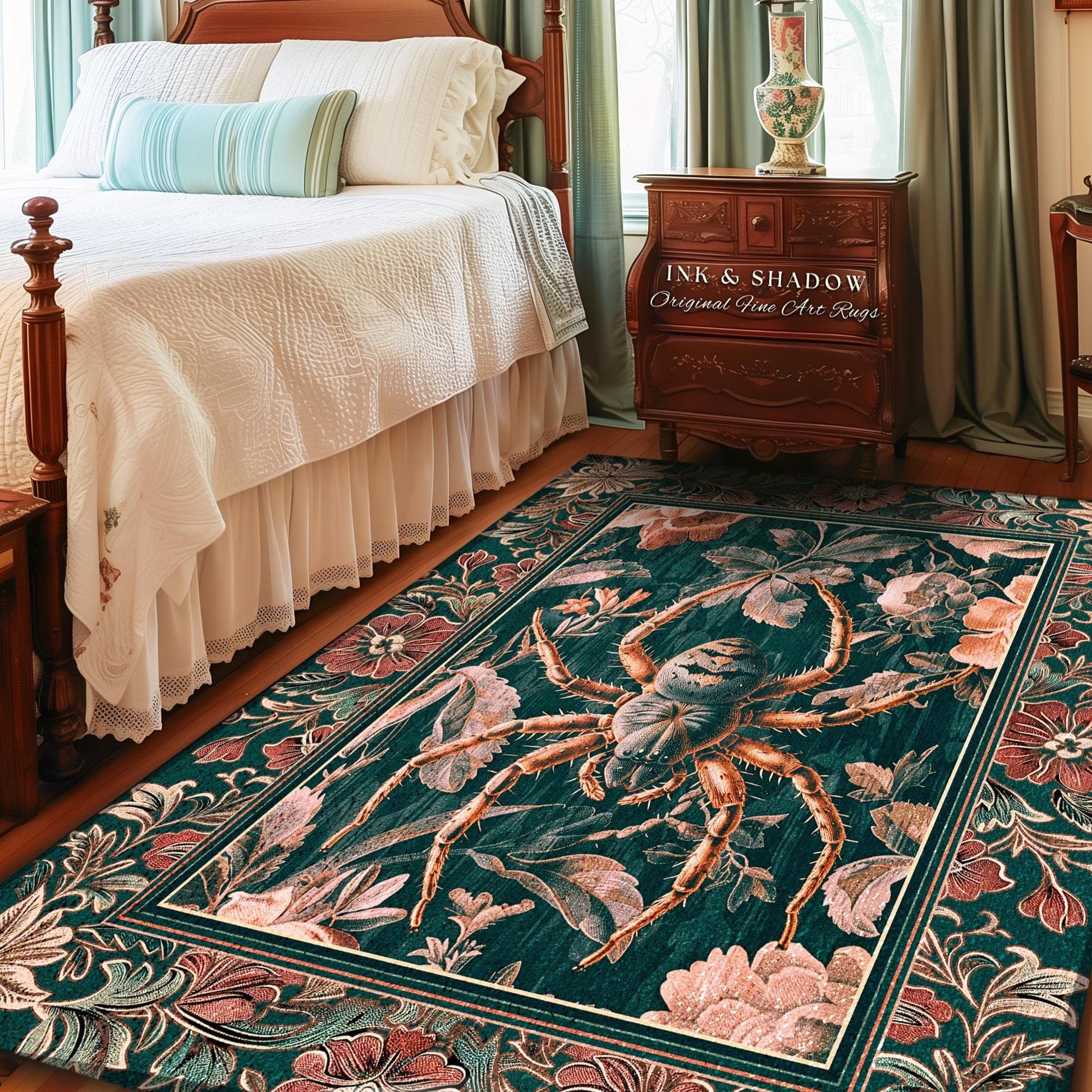 Antiqued Rose Spider Rug Enchanted Gothic Floral Forestcore Decor | Victorian Dark Academia Arachnid Art Vintage Cottagecore Baroque Accent