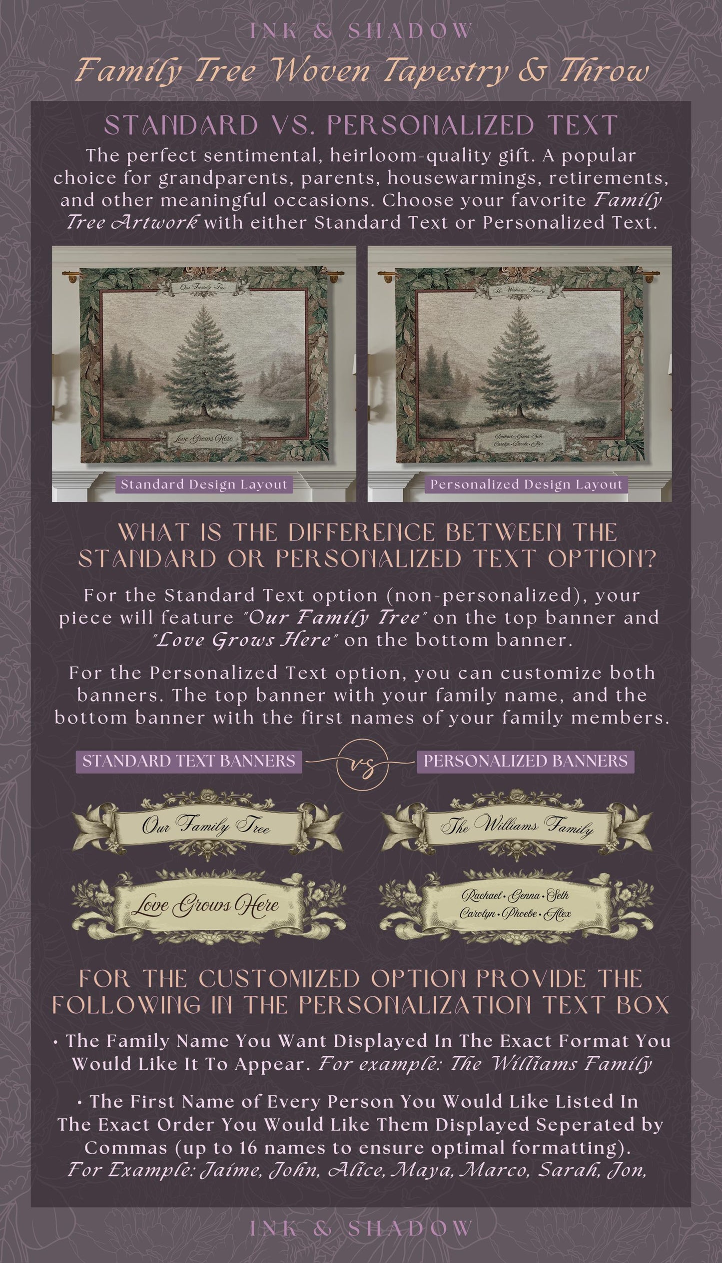 Evergreen Family Tree Rustic Wall Art Personalized Names Holiday Gift | Sentimental Custom Woven Tapestry Traditional Heirloom Home Decor