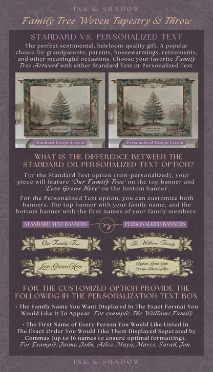 Evergreen Family Tree Rustic Wall Art Personalized Names Holiday Gift | Sentimental Custom Woven Tapestry Traditional Heirloom Home Decor