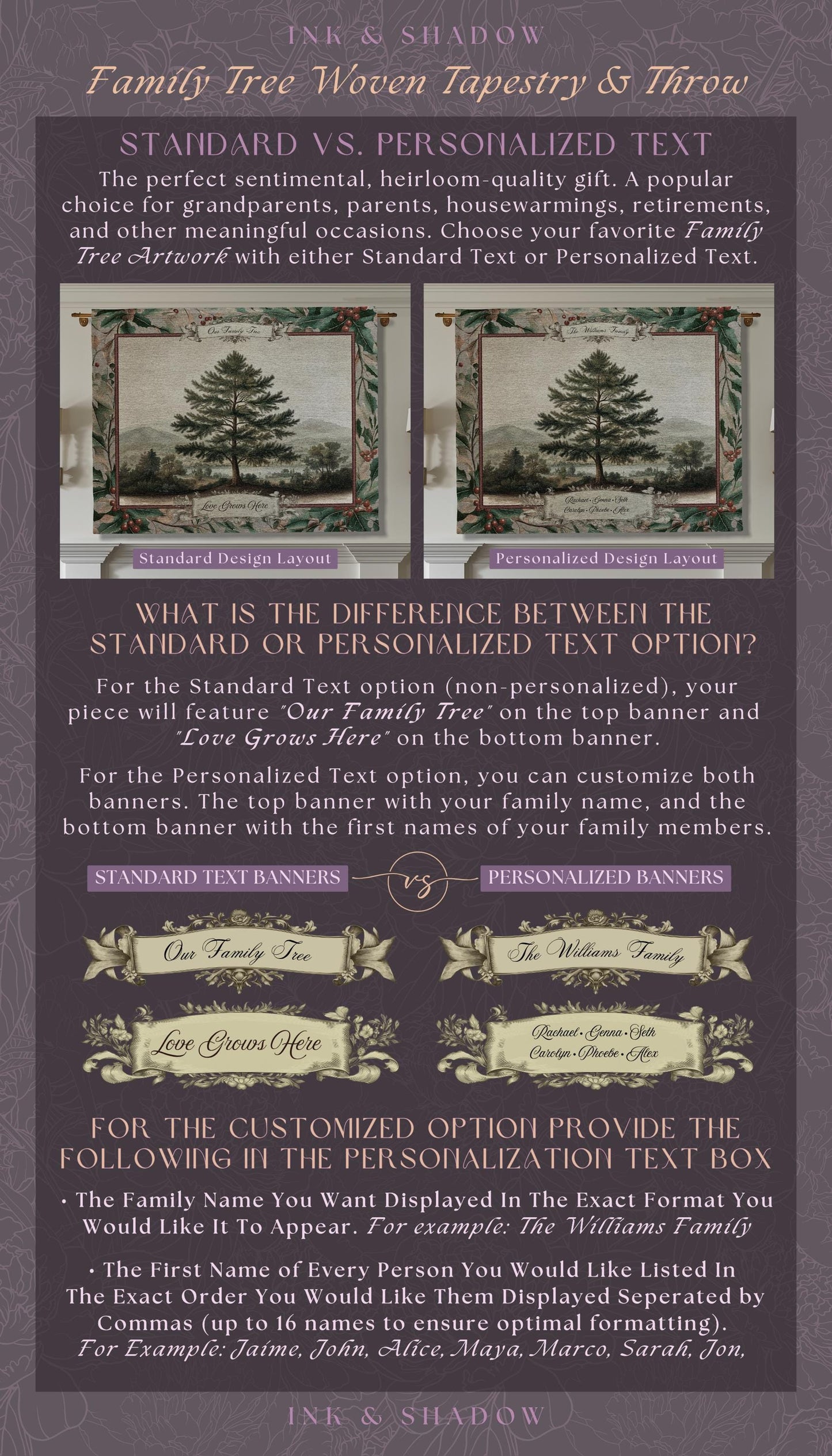 Nostalgic Family Heirloom Personalized Pine Tree Tapestry | Meaningful Keepsake Old World Jacquard Throw Blanket Custom Names Wall Hanging