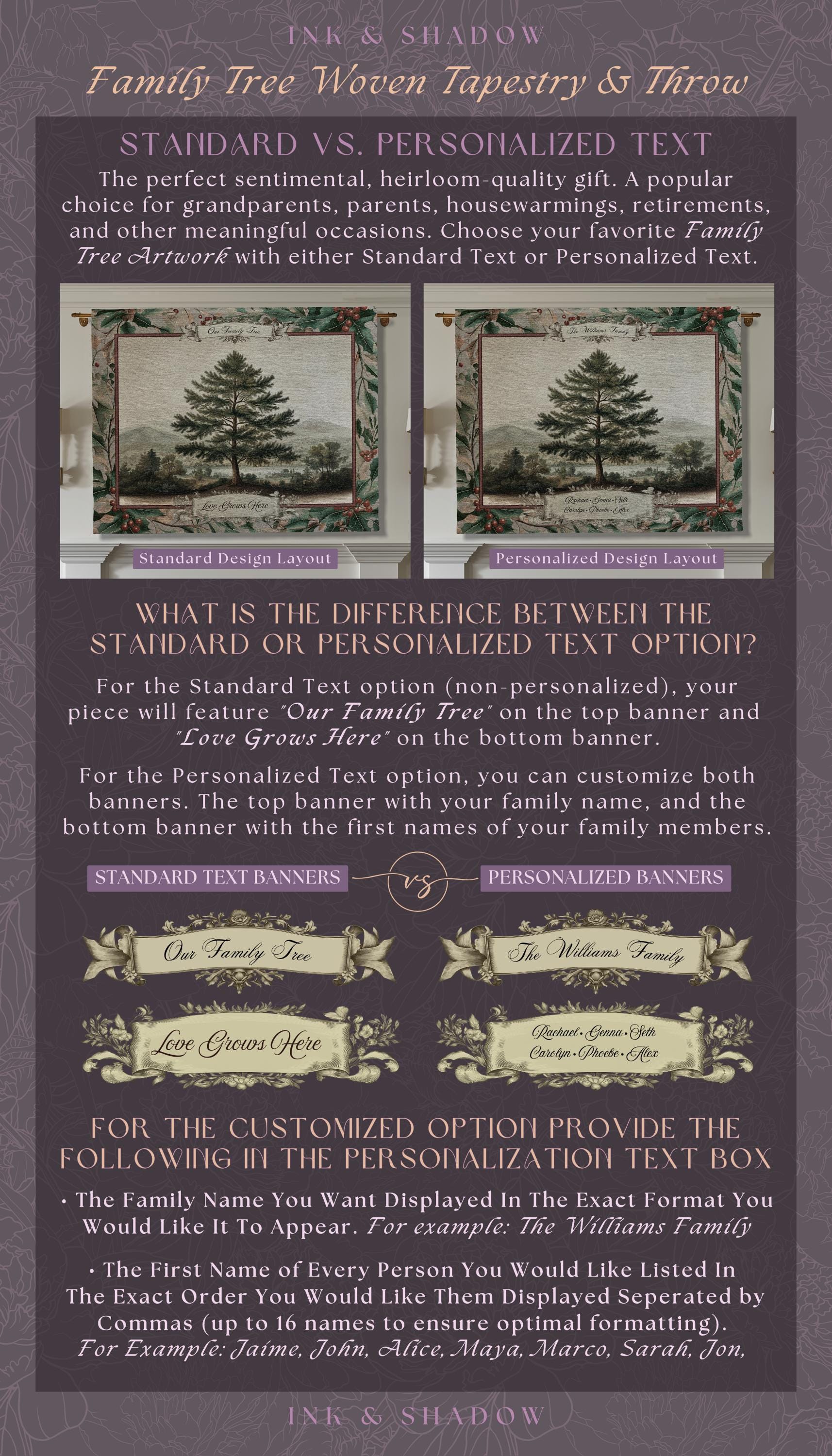 Nostalgic Family Heirloom Personalized Pine Tree Tapestry | Meaningful Keepsake Old World Jacquard Throw Blanket Custom Names Wall Hanging
