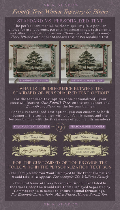 Nostalgic Family Heirloom Personalized Pine Tree Tapestry | Meaningful Keepsake Old World Jacquard Throw Blanket Custom Names Wall Hanging