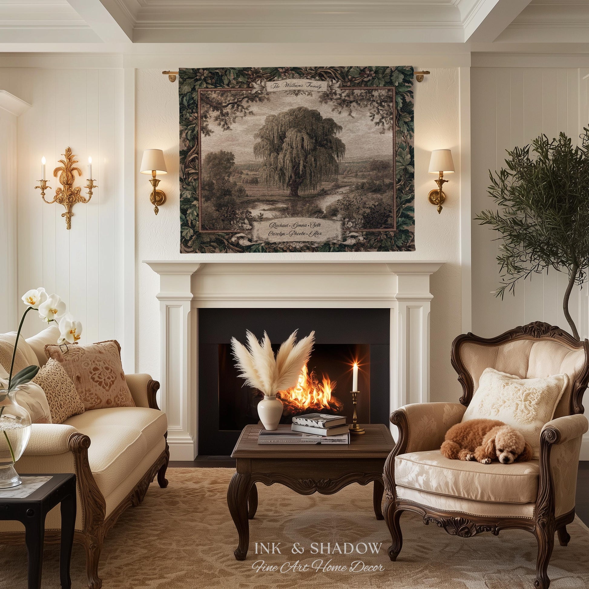 Old World Family Heirloom Custom Tapestry | Timeless Vintage Ancestry Jacquard Woven Throw Blanket Historic Home Willow Tree Symbolism