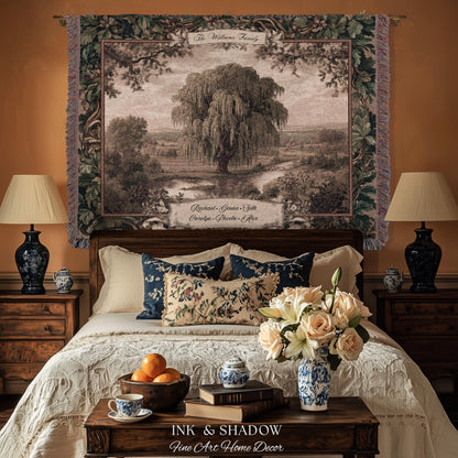 Old World Family Heirloom Custom Tapestry | Timeless Vintage Ancestry Jacquard Woven Throw Blanket Historic Home Willow Tree Symbolism