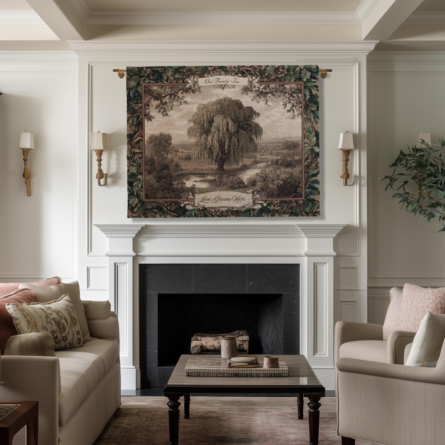 Old World Family Heirloom Custom Tapestry | Timeless Vintage Ancestry Jacquard Woven Throw Blanket Historic Home Willow Tree Symbolism