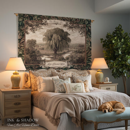 Old World Family Heirloom Custom Tapestry | Timeless Vintage Ancestry Jacquard Woven Throw Blanket Historic Home Willow Tree Symbolism