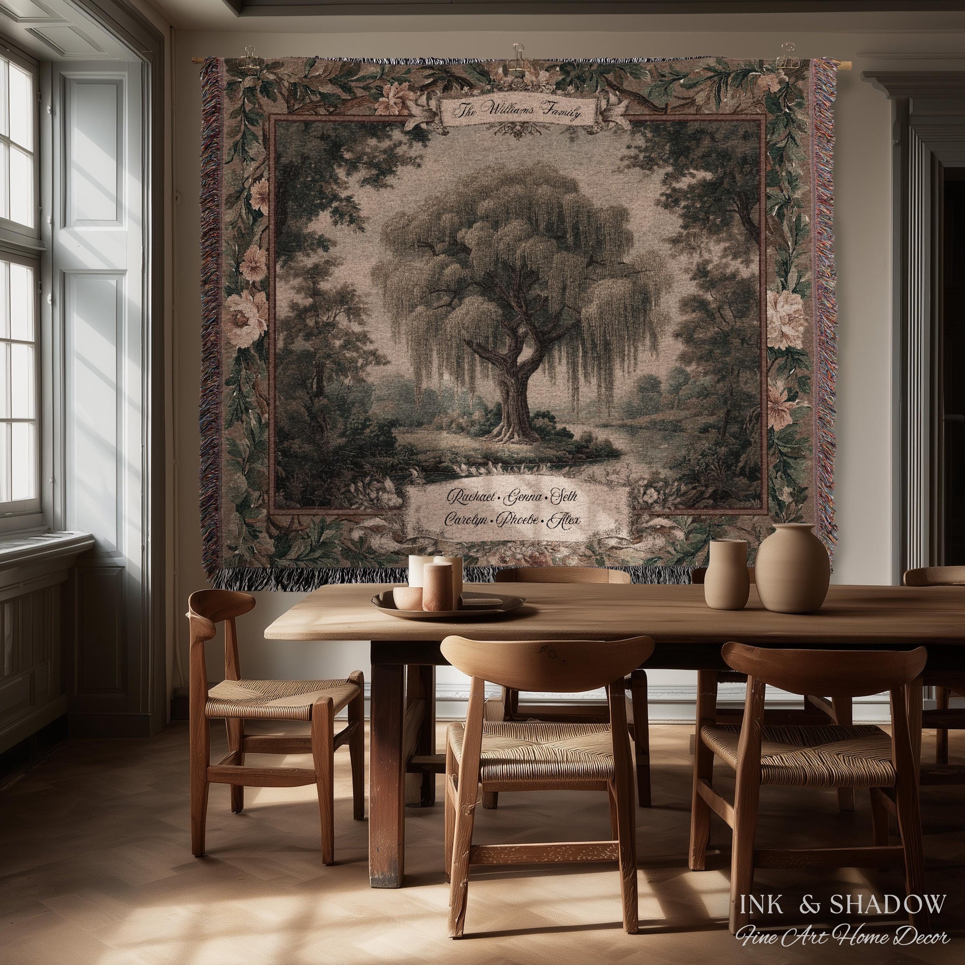 Willow Tree Family Name Tapestry Personalized Woven Wall Hanging | Custom Family Tree Gift Grandparent Keepsake Vintage Landscape Home Decor