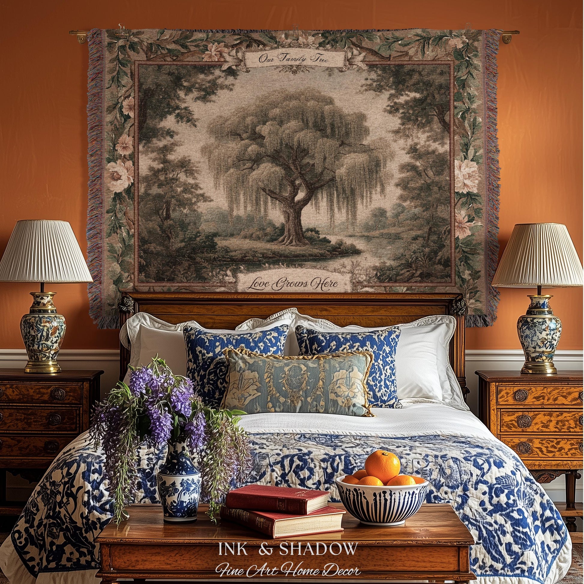 Willow Tree Family Name Tapestry Personalized Woven Wall Hanging | Custom Family Tree Gift Grandparent Keepsake Vintage Landscape Home Decor