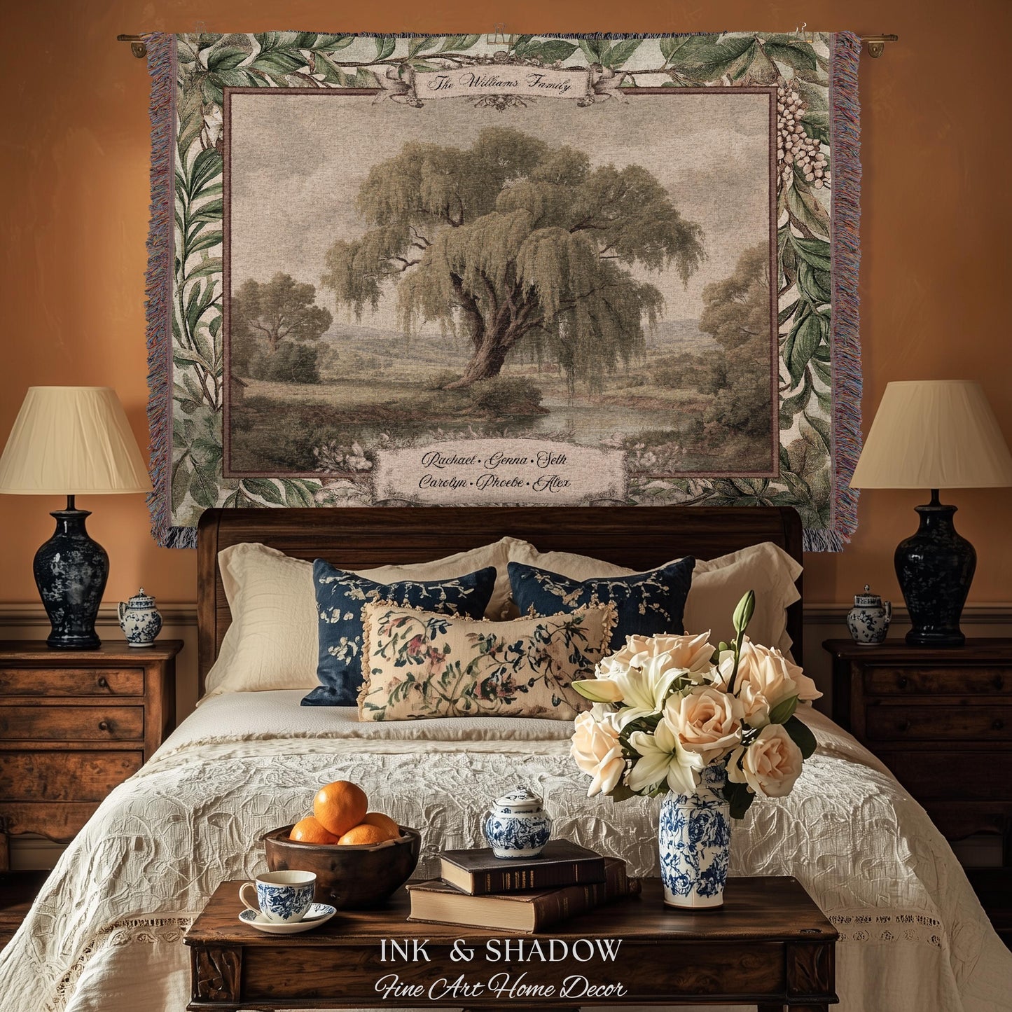 Pastoral Personalized Family Tree Tapestry Traditional Home Decor | Custom Surname Willow Tree Throw Blanket Grandparent Gift Sentimental