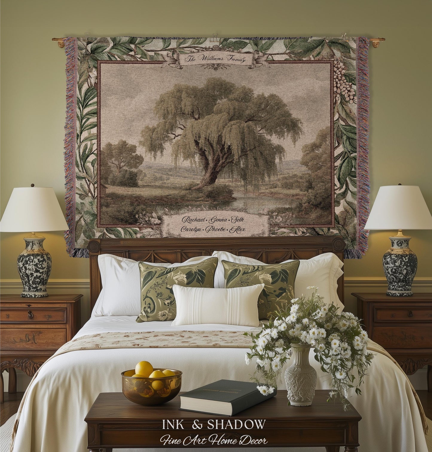 Pastoral Personalized Family Tree Tapestry Traditional Home Decor | Custom Surname Willow Tree Throw Blanket Grandparent Gift Sentimental
