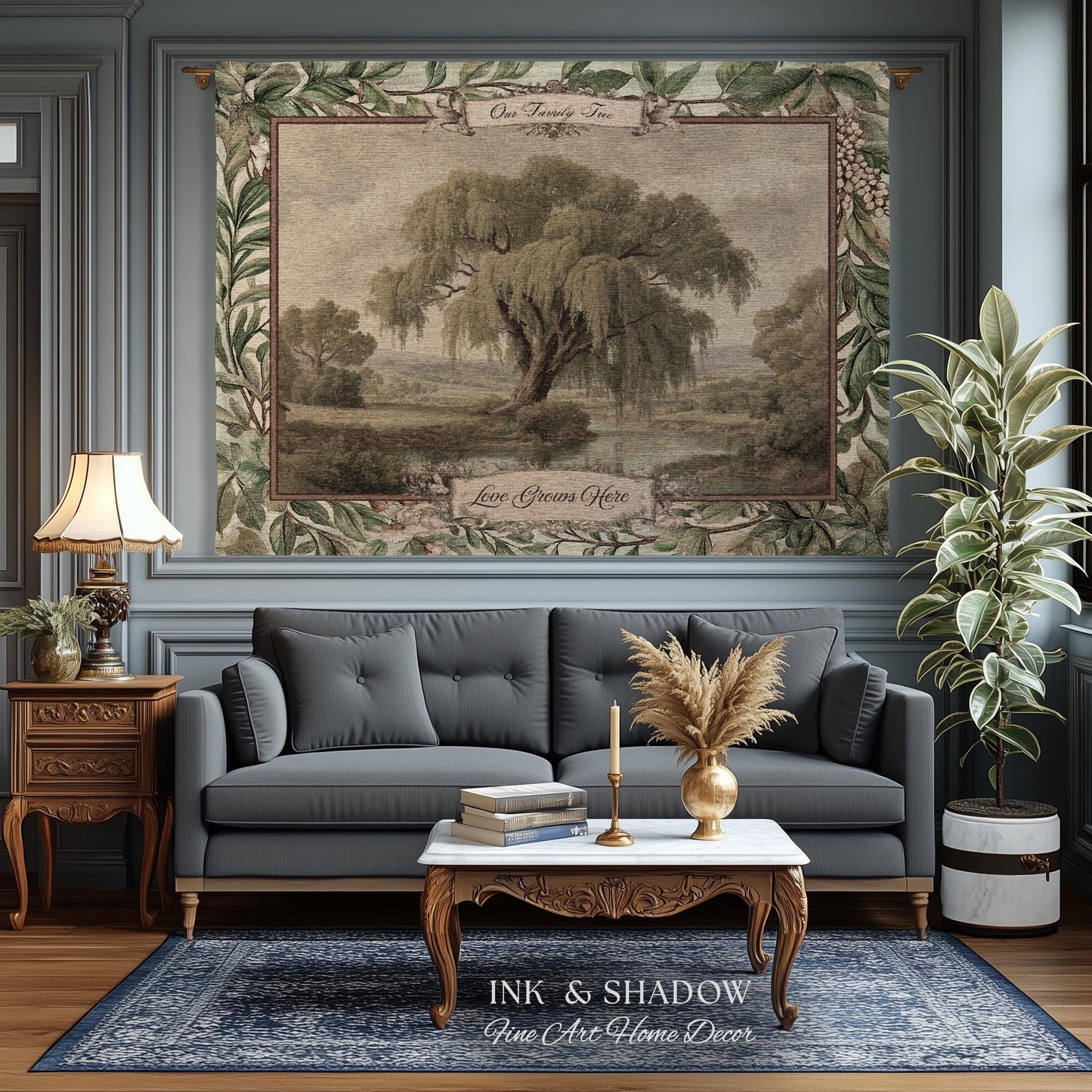 Pastoral Personalized Family Tree Tapestry Traditional Home Decor | Custom Surname Willow Tree Throw Blanket Grandparent Gift Sentimental