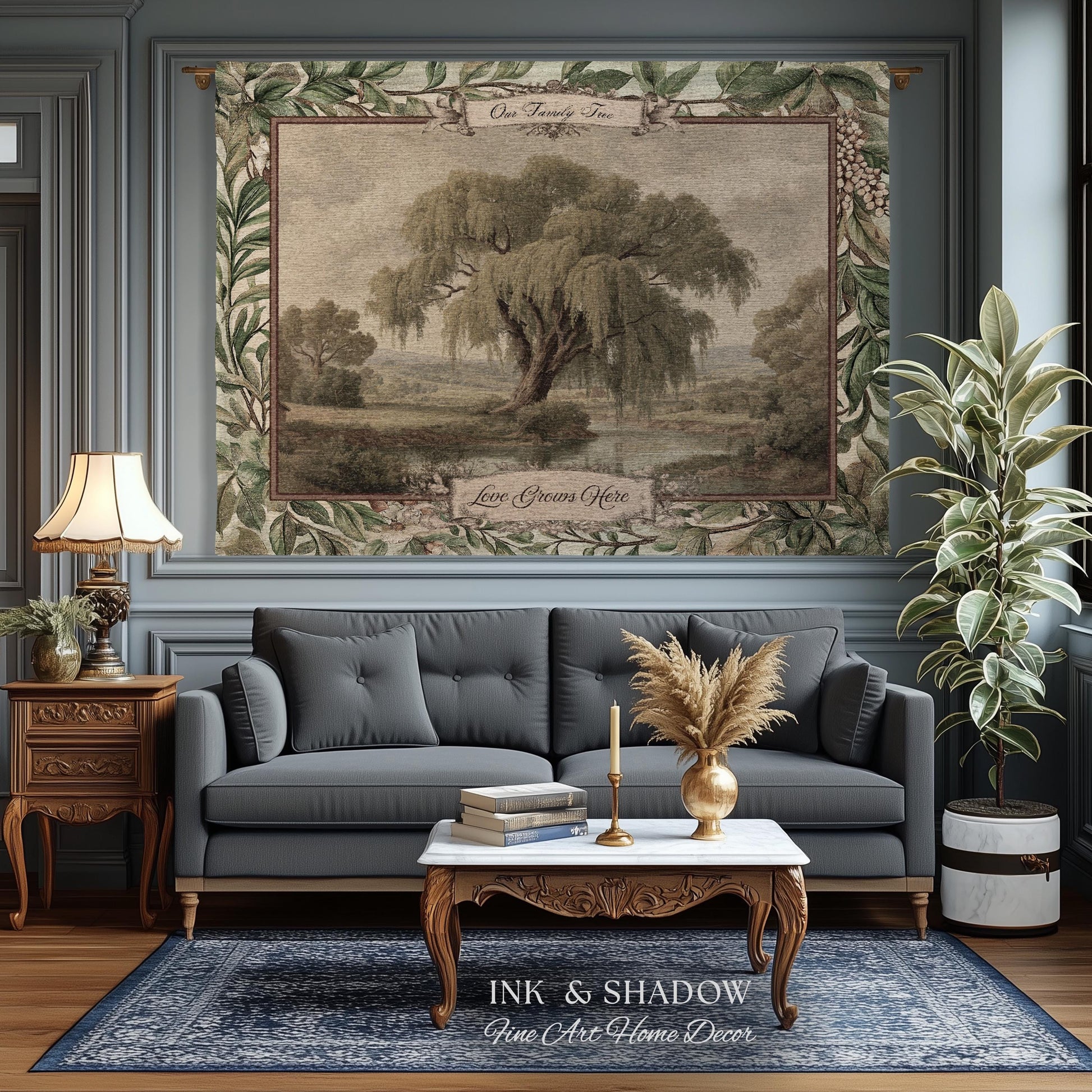 Pastoral Personalized Family Tree Tapestry Traditional Home Decor | Custom Surname Willow Tree Throw Blanket Grandparent Gift Sentimental
