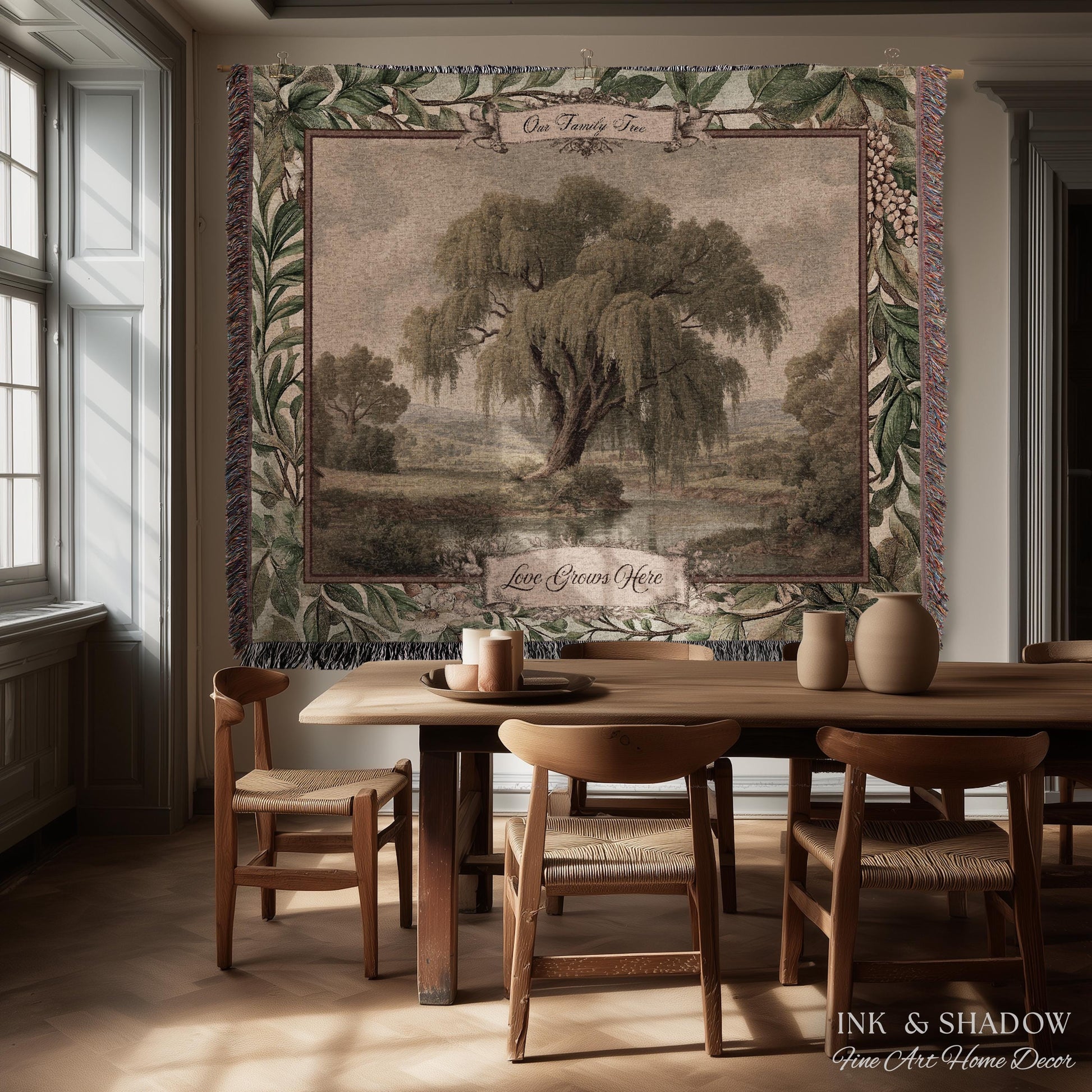 Pastoral Personalized Family Tree Tapestry Traditional Home Decor | Custom Surname Willow Tree Throw Blanket Grandparent Gift Sentimental