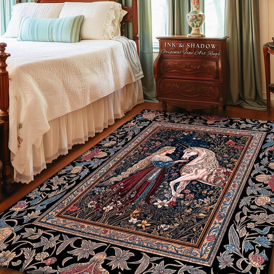 Mystic Fairytale Unicorn Area Rug | Renaissance Aesthetic Gloomy Coquette Home Decor Accent Dark Cottagecore Storybook Gothic Theme Bedroom