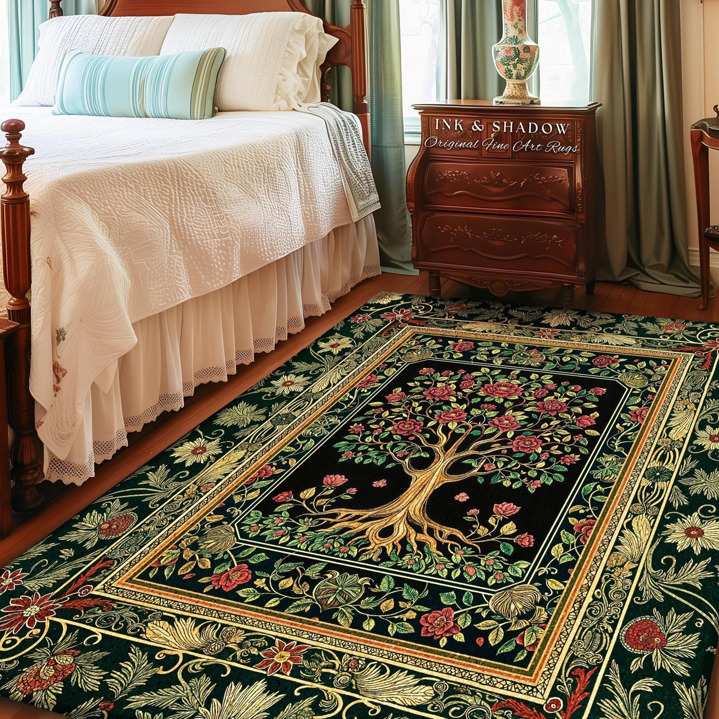 Floral Victorian Garden Tree Rug | Baroque Floral Design Folk Art Inspired Medieval Botanical Decor Romantic Rococo Cottagecore Accent Rug |