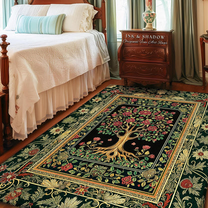 Floral Victorian Garden Tree Rug | Baroque Floral Design Folk Art Inspired Medieval Botanical Decor Romantic Rococo Cottagecore Accent Rug |