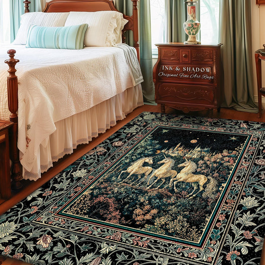 May include: A rectangular area rug with a dark background and a central image of three unicorns in a forest. The rug has a floral border with the text "INK & SHADOW Original Fine Art Rugs".