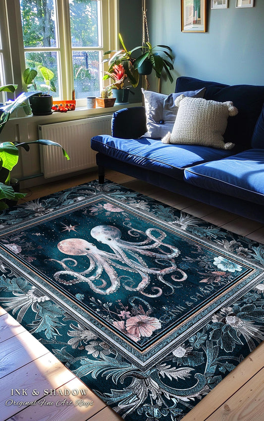 May include: A rectangular area rug with a dark teal background features two octopuses in the center, surrounded by floral and botanical designs. The rug has a decorative border and the text "INK & SHADOW Original Fine Art Rugs".