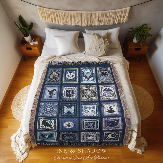 Cottagecore Witch Navy Cotton Tapestry | Fairycore Bedroom Accent Cozy Whimsical Decor Halloween Throw Witchcore Gift for Enchanted Home |