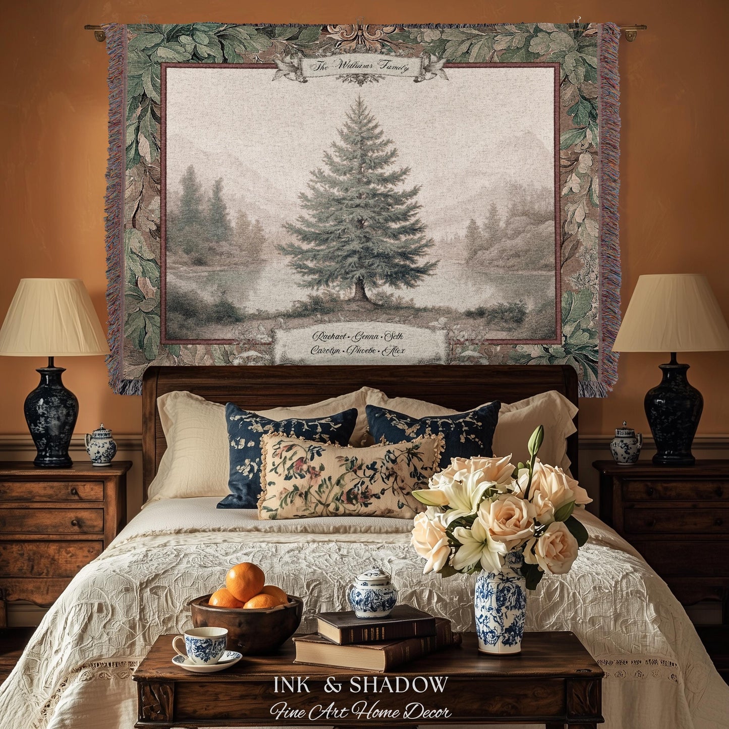 Evergreen Family Tree Rustic Wall Art Personalized Names Holiday Gift | Sentimental Custom Woven Tapestry Traditional Heirloom Home Decor