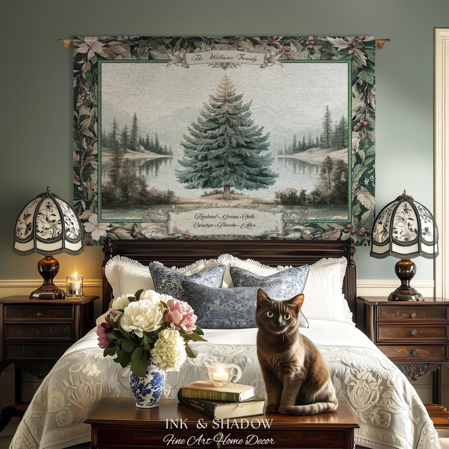 Classic Winter Landscape Custom Family Name Tapestry | Nostalgic Christmas Cozy Woven Throw Blanket Personalized Holiday Heirloom Wall Art