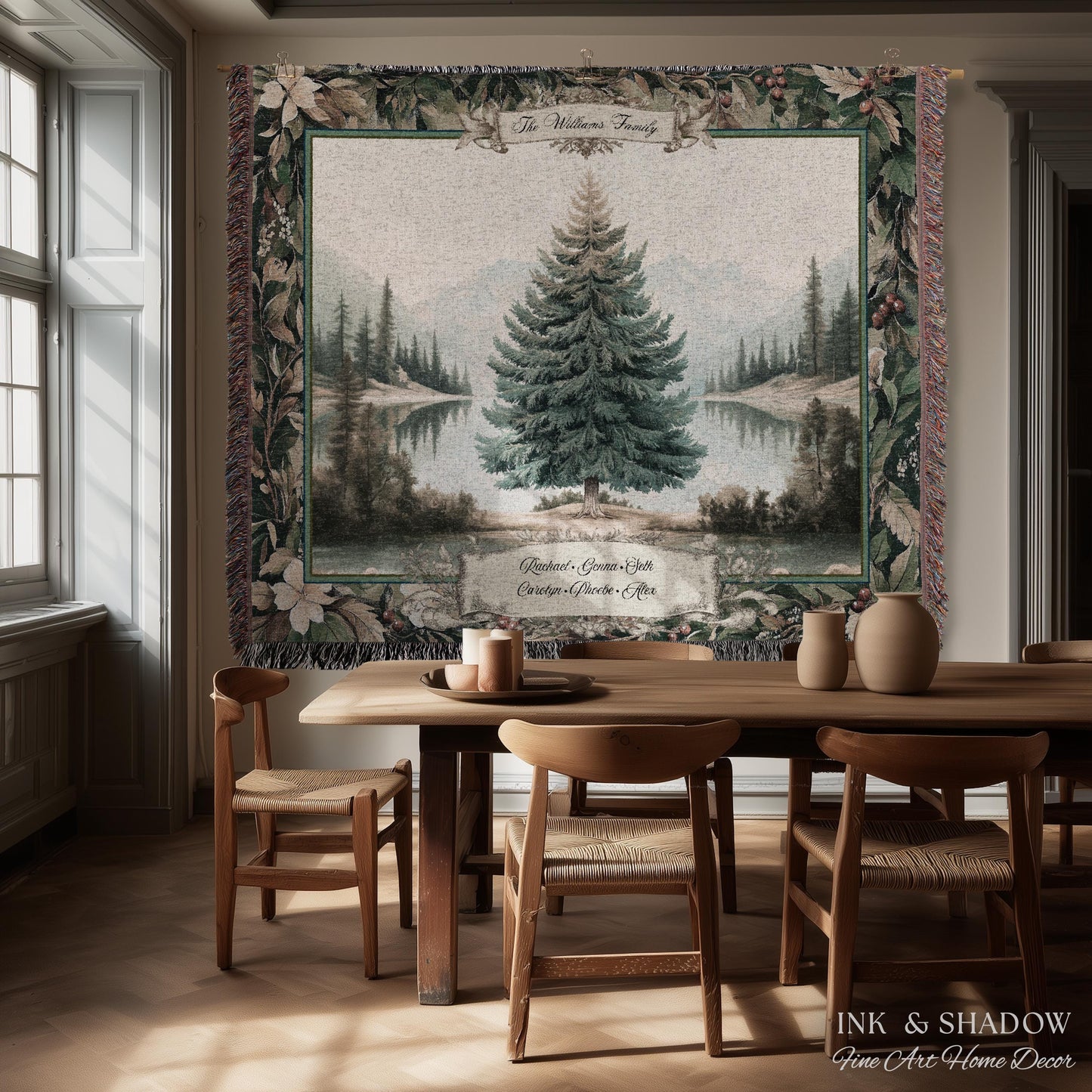 Classic Winter Landscape Custom Family Name Tapestry | Nostalgic Christmas Cozy Woven Throw Blanket Personalized Holiday Heirloom Wall Art
