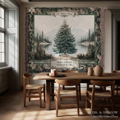 Classic Winter Landscape Custom Family Name Tapestry | Nostalgic Christmas Cozy Woven Throw Blanket Personalized Holiday Heirloom Wall Art