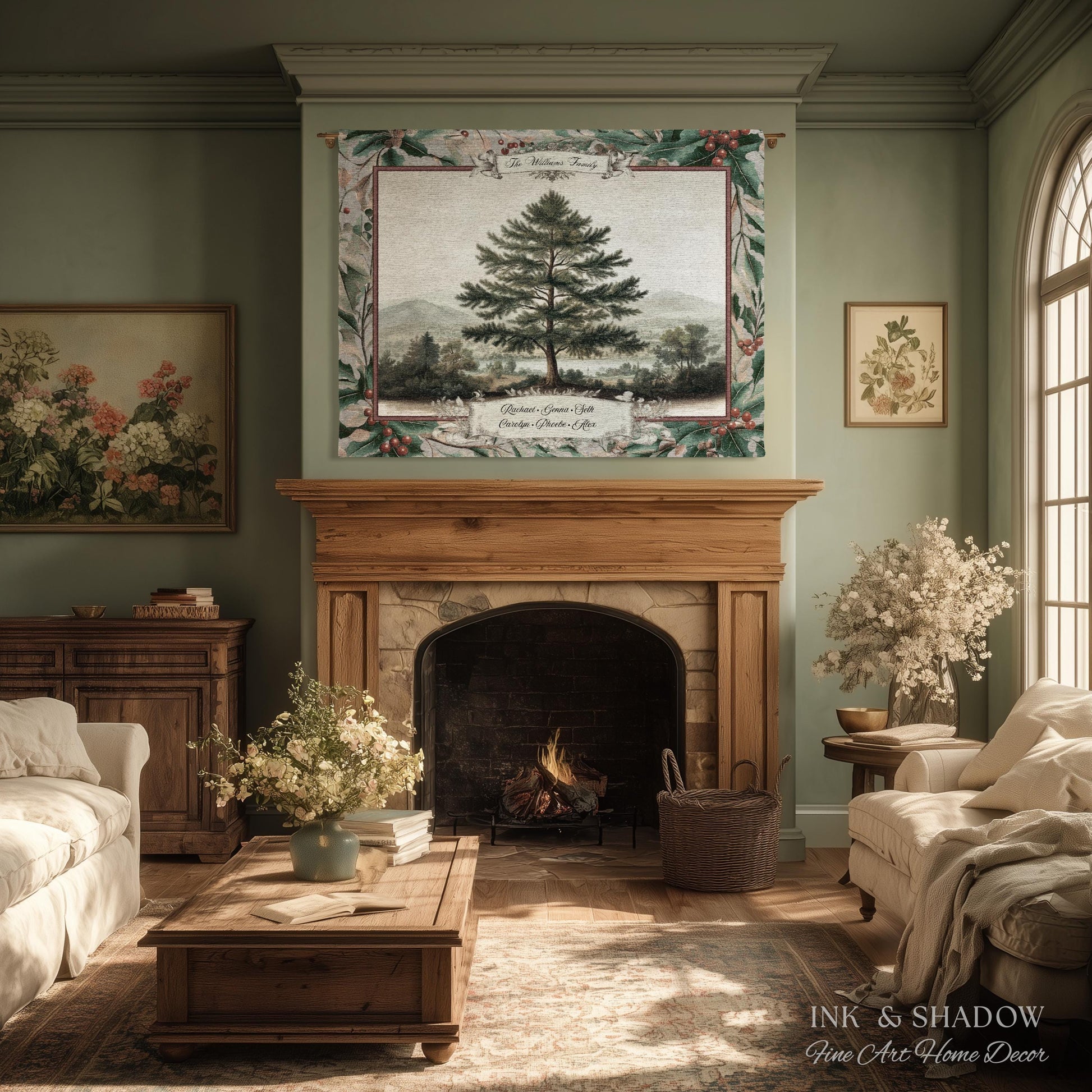 Nostalgic Family Heirloom Personalized Pine Tree Tapestry | Meaningful Keepsake Old World Jacquard Throw Blanket Custom Names Wall Hanging
