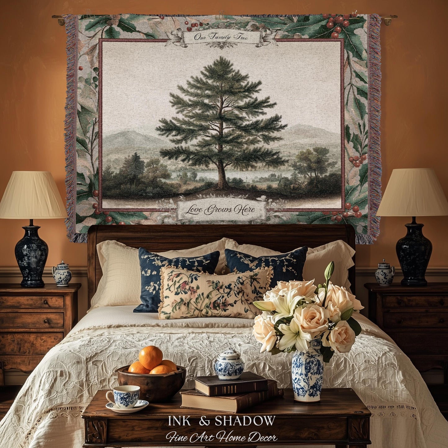 Nostalgic Family Heirloom Personalized Pine Tree Tapestry | Meaningful Keepsake Old World Jacquard Throw Blanket Custom Names Wall Hanging