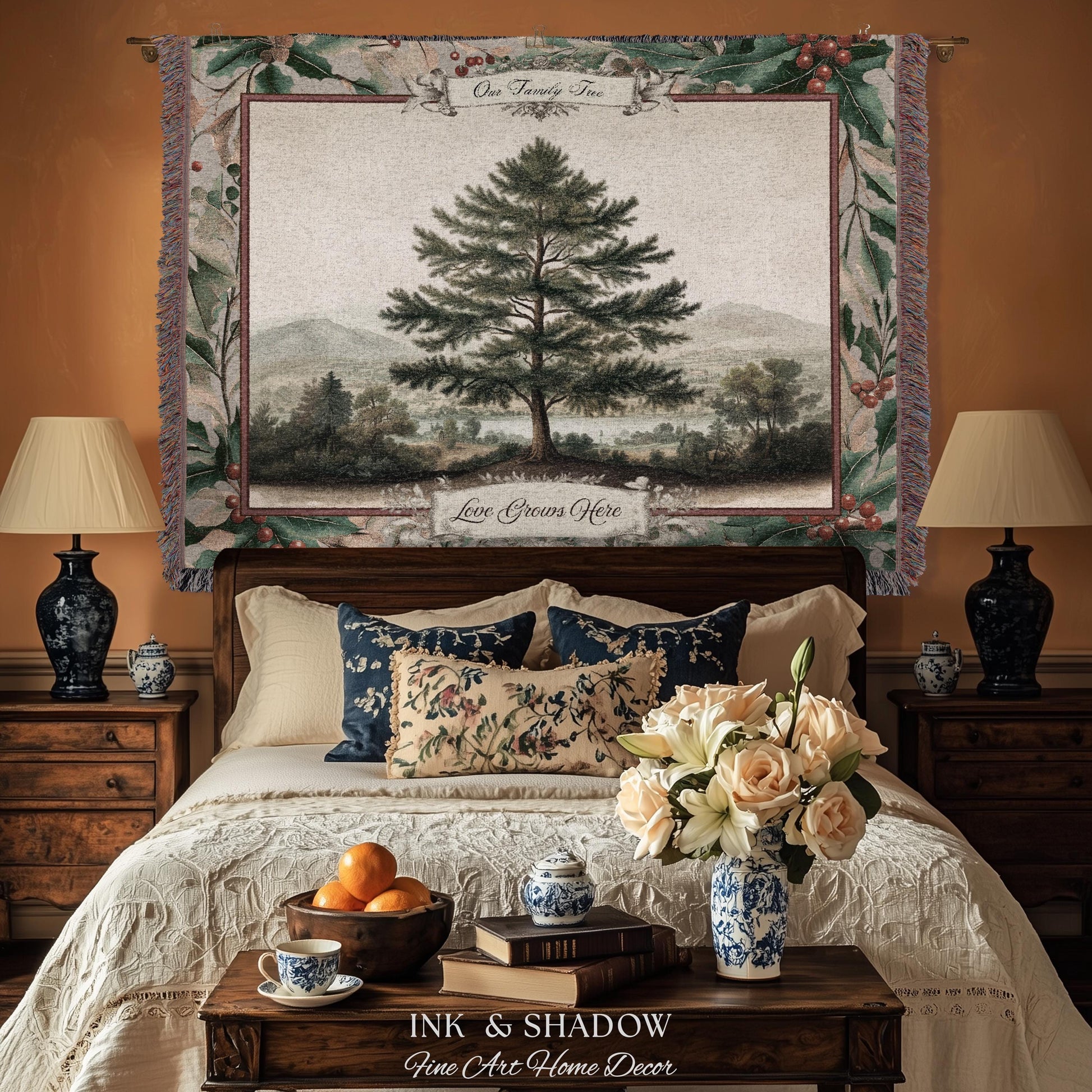 Nostalgic Family Heirloom Personalized Pine Tree Tapestry | Meaningful Keepsake Old World Jacquard Throw Blanket Custom Names Wall Hanging