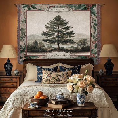 Nostalgic Family Heirloom Personalized Pine Tree Tapestry | Meaningful Keepsake Old World Jacquard Throw Blanket Custom Names Wall Hanging