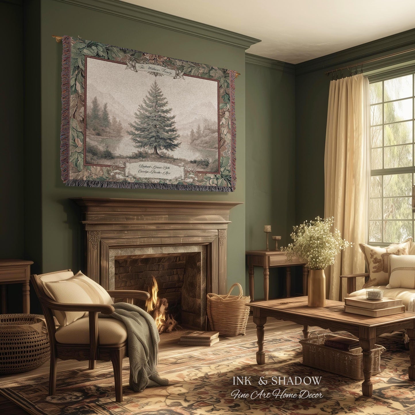 Evergreen Family Tree Rustic Wall Art Personalized Names Holiday Gift | Sentimental Custom Woven Tapestry Traditional Heirloom Home Decor