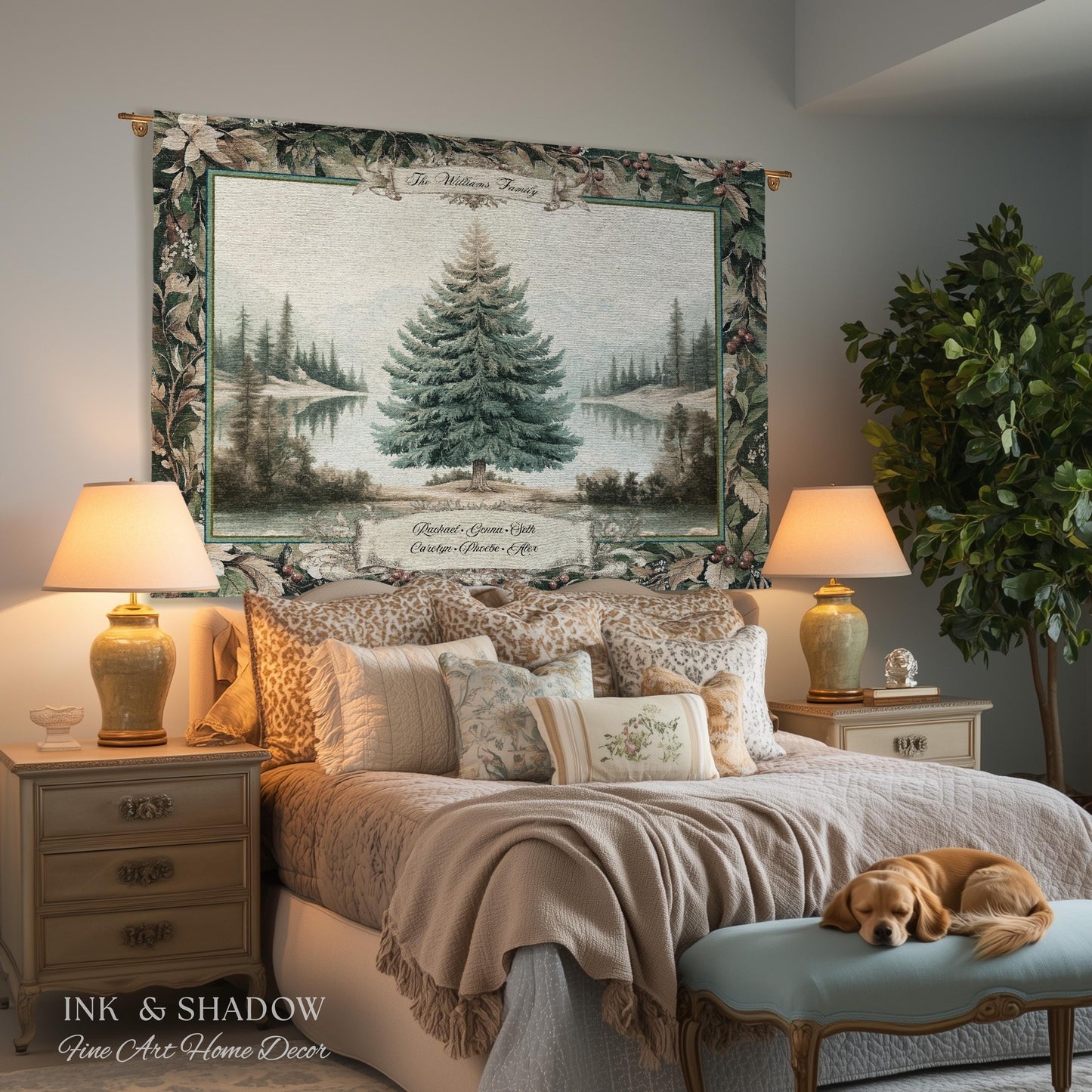 Classic Winter Landscape Custom Family Name Tapestry | Nostalgic Christmas Cozy Woven Throw Blanket Personalized Holiday Heirloom Wall Art