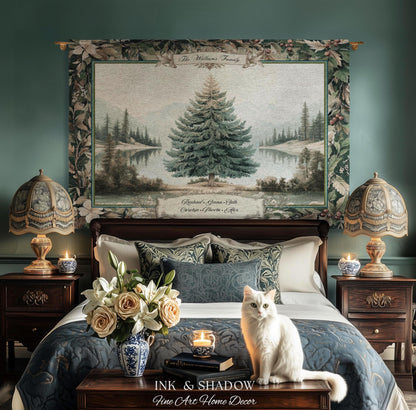 Classic Winter Landscape Custom Family Name Tapestry | Nostalgic Christmas Cozy Woven Throw Blanket Personalized Holiday Heirloom Wall Art