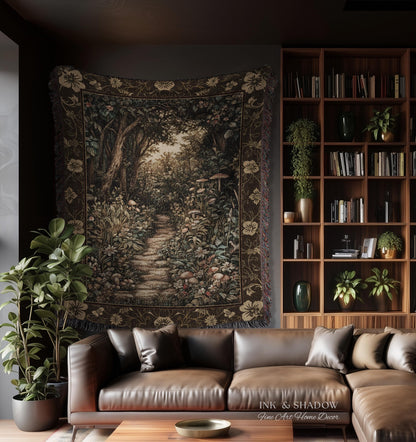 Mushroom Forest Magical Woodland Tapestry Blanket Ethereal Mystic Academia, Vintage Folklore Art Forest Fairycore Whimsigoth Medieval Throw