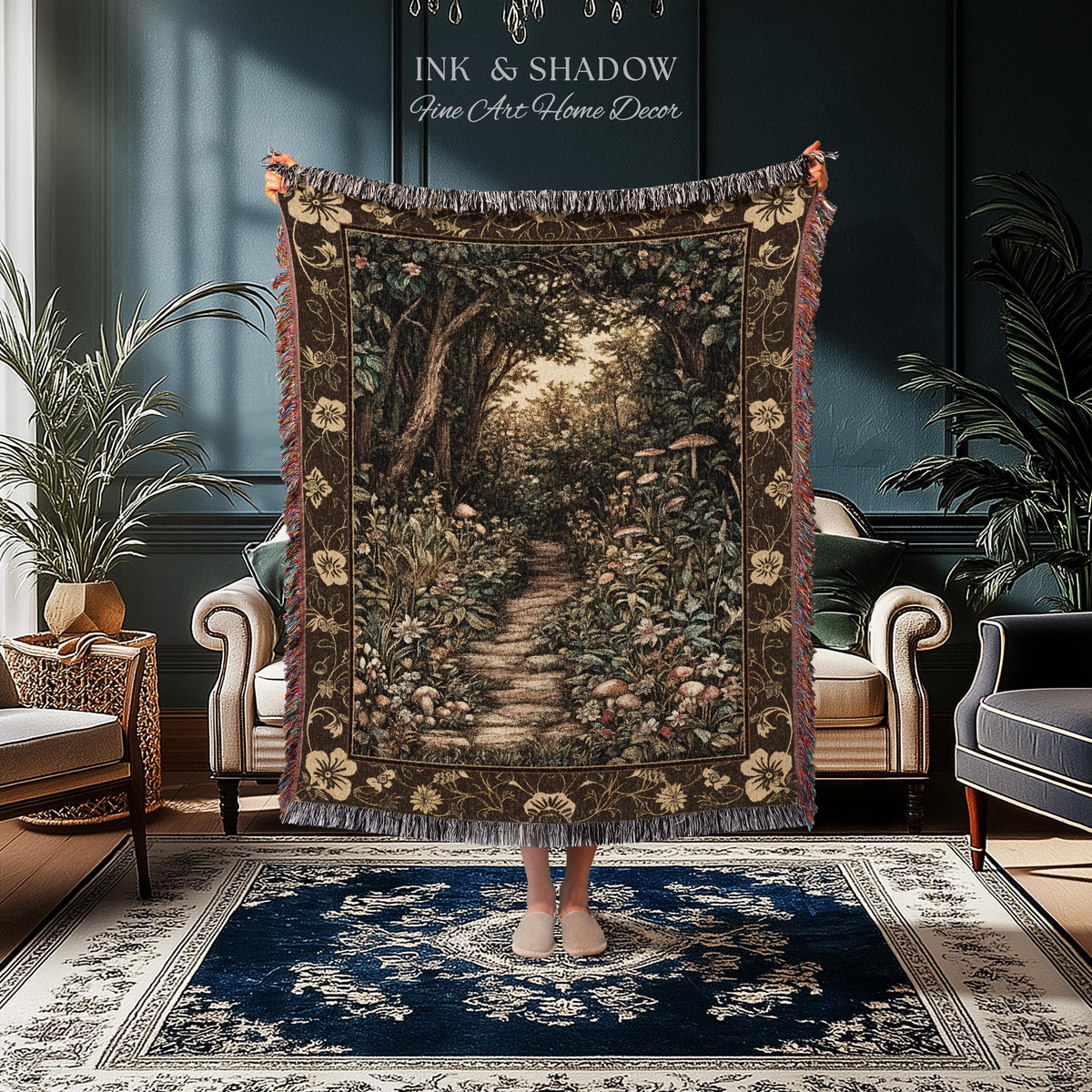Mushroom Forest Magical Woodland Tapestry Blanket Ethereal Mystic Academia, Vintage Folklore Art Forest Fairycore Whimsigoth Medieval Throw