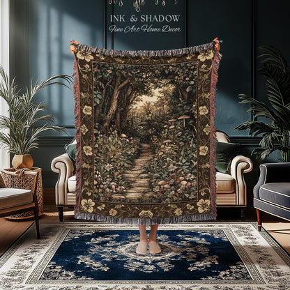 Mushroom Forest Magical Woodland Tapestry Blanket Ethereal Mystic Academia, Vintage Folklore Art Forest Fairycore Whimsigoth Medieval Throw