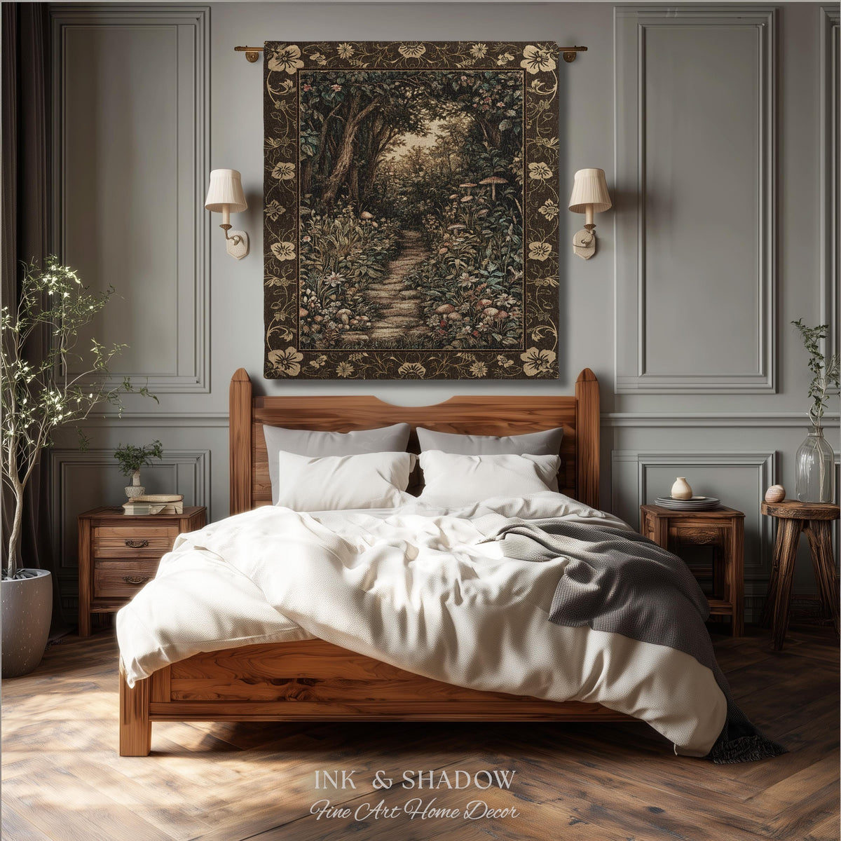 Mushroom Forest Magical Woodland Tapestry Blanket Ethereal Mystic Academia, Vintage Folklore Art Forest Fairycore Whimsigoth Medieval Throw