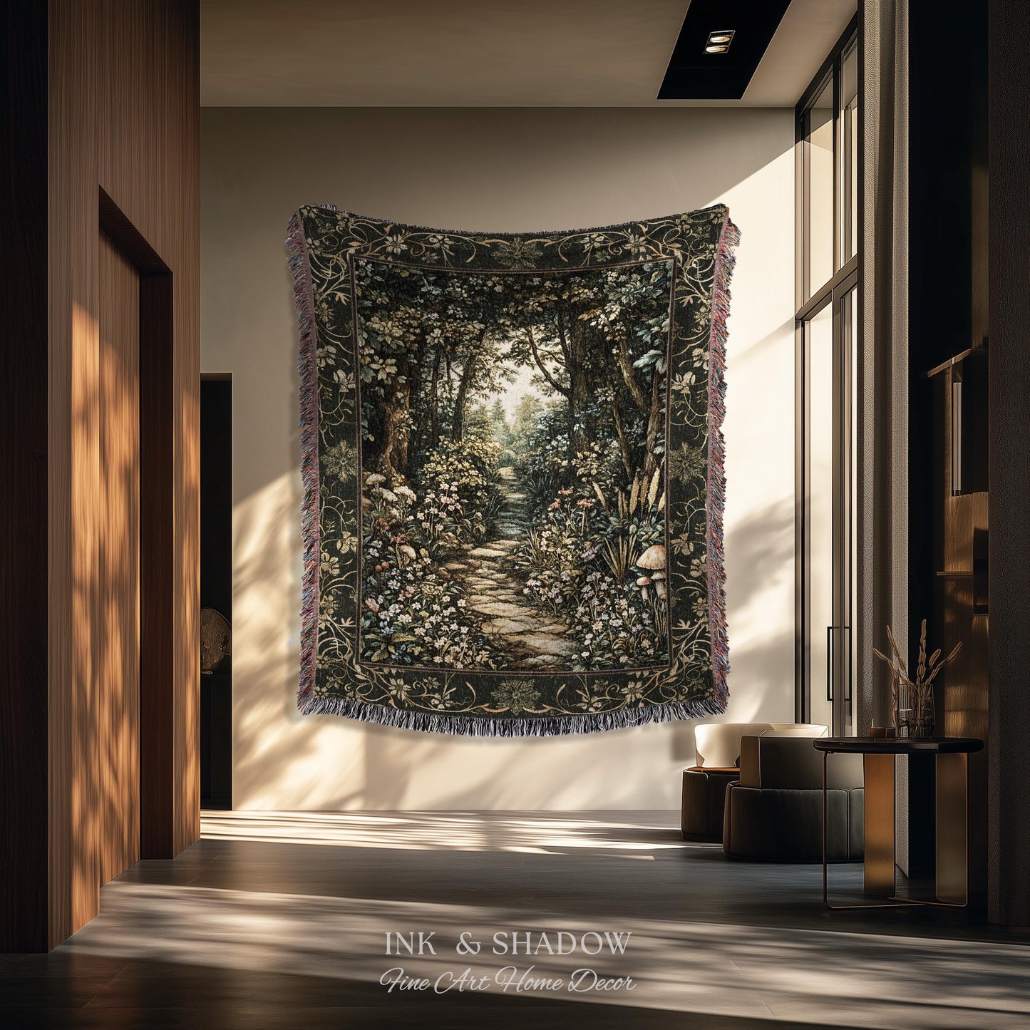 Fairy Meadow Mushroom Forest Woven Blanket Mystic Academia Folklore Inspired, Fairycore Woodland Gothic Whimsical Medieval Tapestry Throw