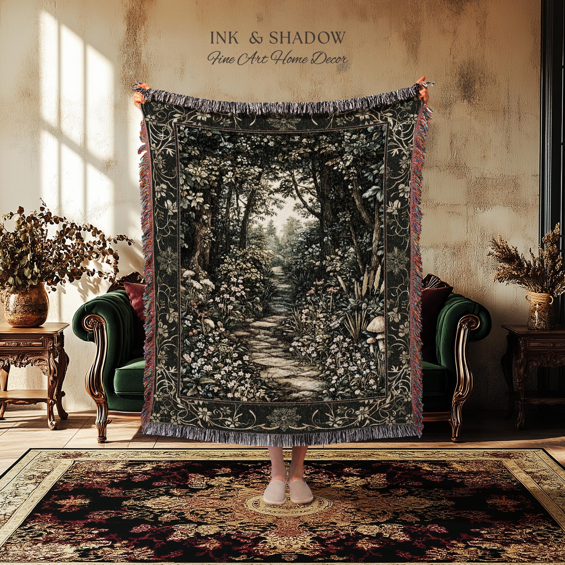 Fairy Meadow Mushroom Forest Woven Blanket Mystic Academia Folklore Inspired, Fairycore Woodland Gothic Whimsical Medieval Tapestry Throw