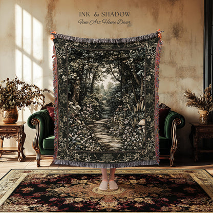 Fairy Meadow Mushroom Forest Woven Blanket Mystic Academia Folklore Inspired, Fairycore Woodland Gothic Whimsical Medieval Tapestry Throw