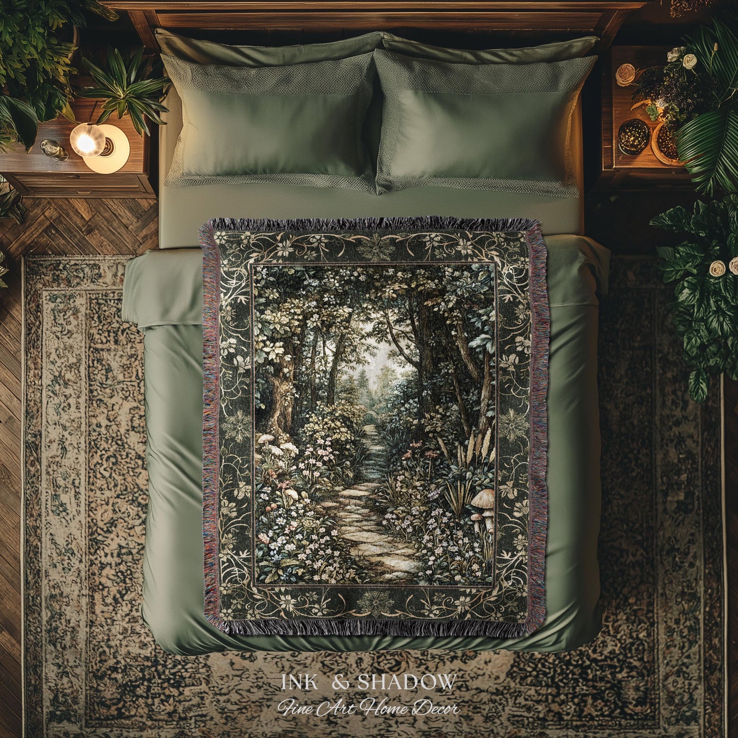 Fairy Meadow Mushroom Forest Woven Blanket Mystic Academia Folklore Inspired, Fairycore Woodland Gothic Whimsical Medieval Tapestry Throw