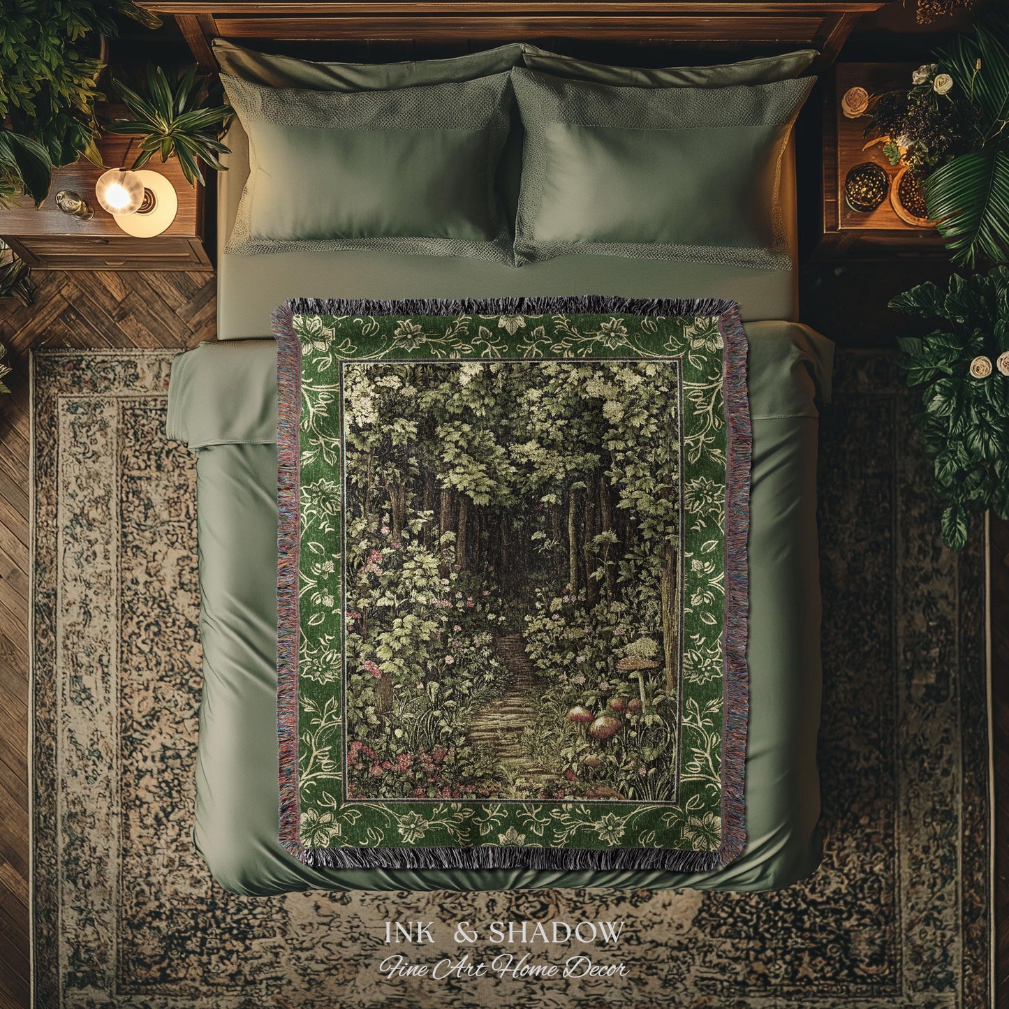 Fairytale Forest Botanical Throw Blanket | Mystic Aesthetic Woodland Home Magical Decor Plant Loving Bedroom Housewarming Gift Emerald Woods